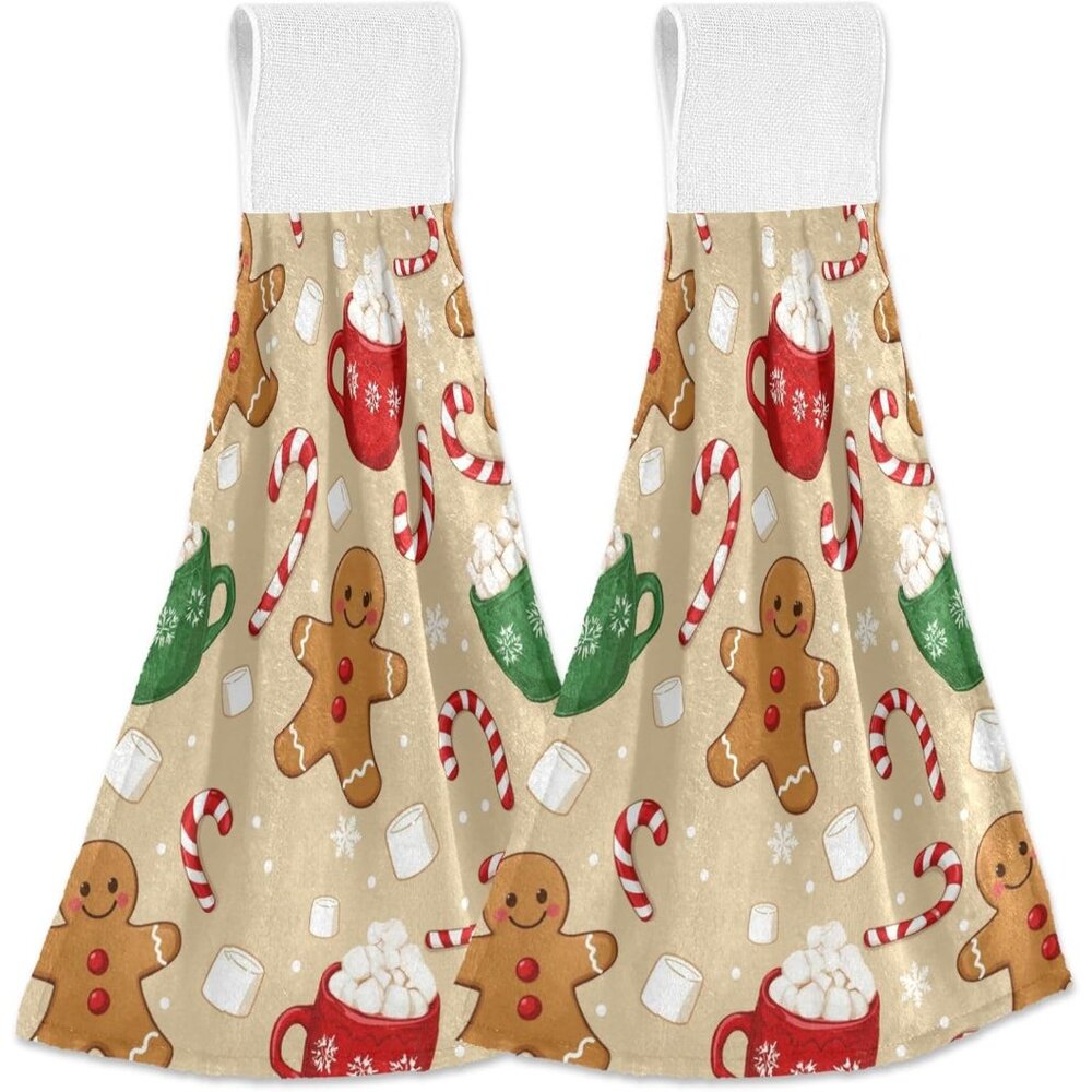 Christmas Gingerbread Man Hanging Kitchen Towels Set of 2 Winter Snowflakes Hand